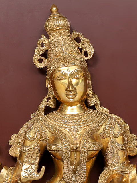 48" Large Four Armed Standing Goddess Lakshmi | Wood Framed Brass Sculpture | Wall Hanging