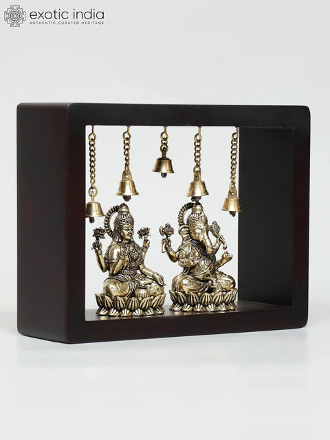 9" Superfine Sitting Lakshmi - Ganesha | Wood Framed Brass Sculptures | Wall Hanging