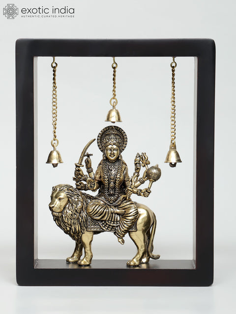 10" Superfine Goddess Durga (Sherawali Maa) with Dangling Bells | Wood Framed Brass Sculpture | Wall Hanging