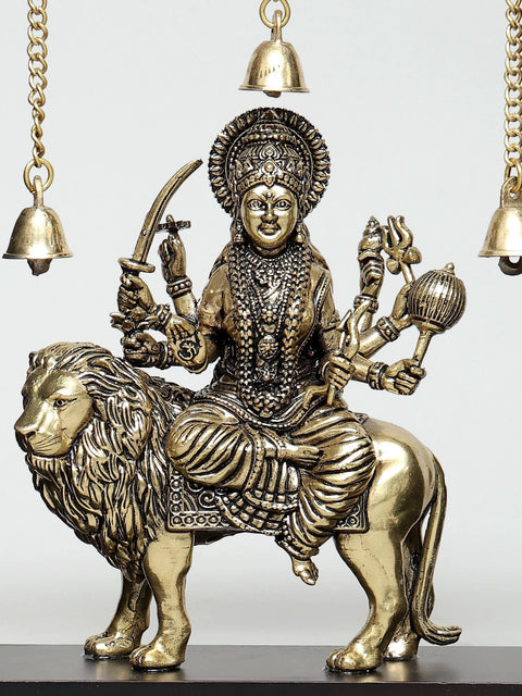 10" Superfine Goddess Durga (Sherawali Maa) with Dangling Bells | Wood Framed Brass Sculpture | Wall Hanging