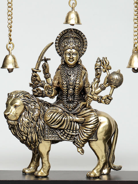 10" Superfine Goddess Durga (Sherawali Maa) with Dangling Bells | Wood Framed Brass Sculpture | Wall Hanging