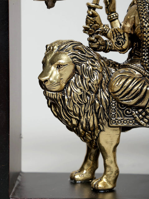 10" Superfine Goddess Durga (Sherawali Maa) with Dangling Bells | Wood Framed Brass Sculpture | Wall Hanging