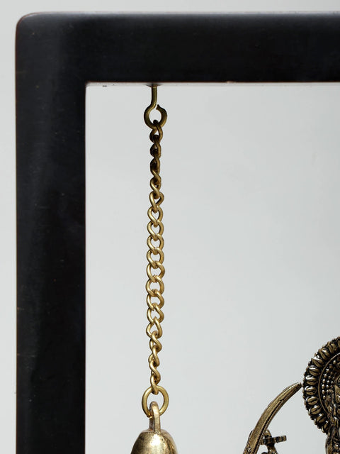 10" Superfine Goddess Durga (Sherawali Maa) with Dangling Bells | Wood Framed Brass Sculpture | Wall Hanging