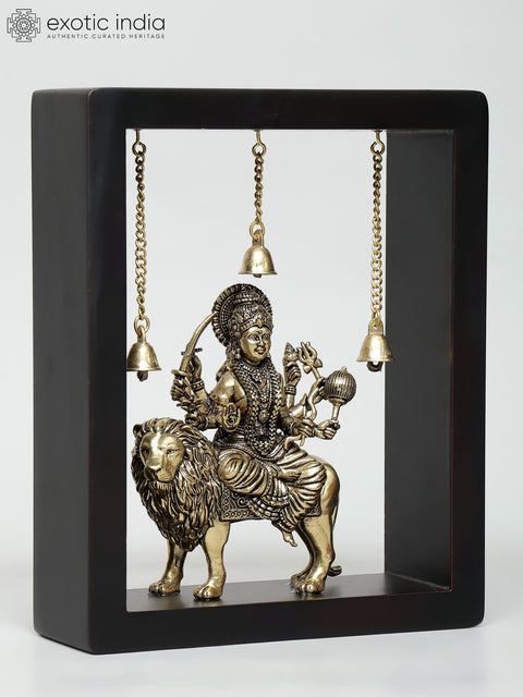 10" Superfine Goddess Durga (Sherawali Maa) with Dangling Bells | Wood Framed Brass Sculpture | Wall Hanging