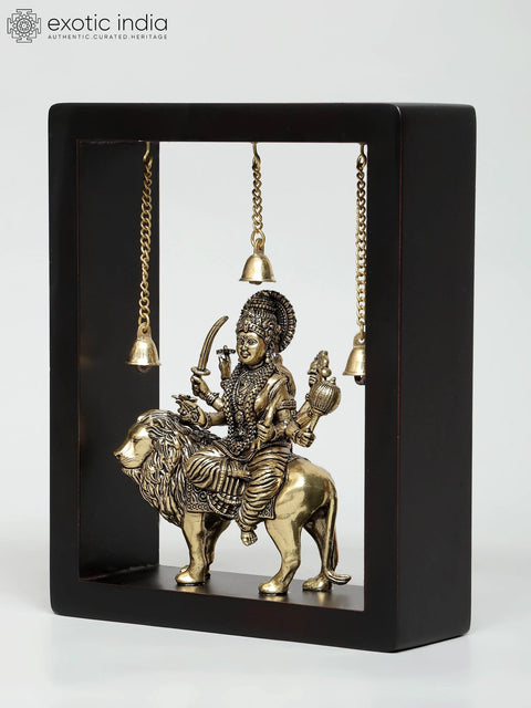 10" Superfine Goddess Durga (Sherawali Maa) with Dangling Bells | Wood Framed Brass Sculpture | Wall Hanging