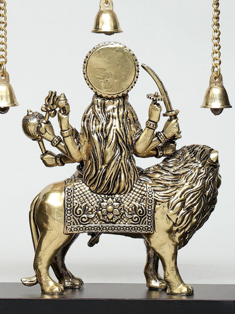 10" Superfine Goddess Durga (Sherawali Maa) with Dangling Bells | Wood Framed Brass Sculpture | Wall Hanging