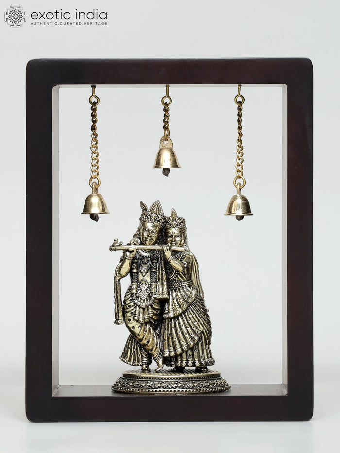 9" Radha Krishna Brass Wall Hanging with Wood Frame