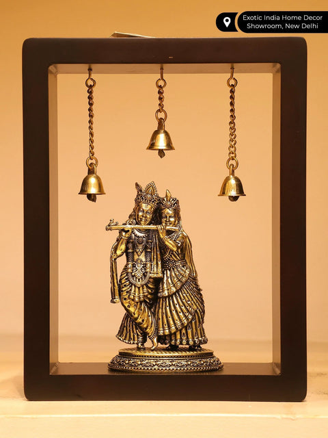 9" Wood Framed Superfine Radha - Krishna in Brass | Wall Hanging