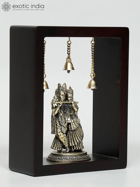 9" Wood Framed Superfine Radha - Krishna in Brass | Wall Hanging