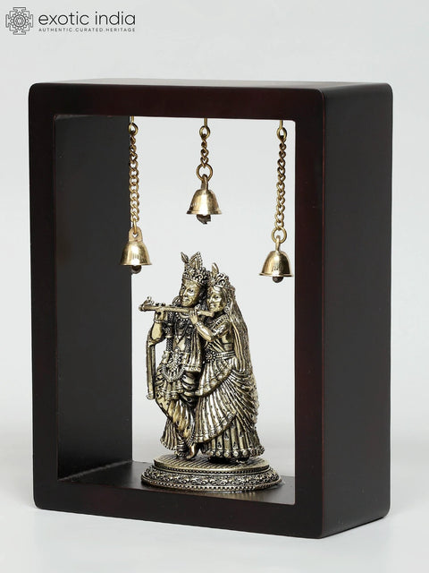 9" Wood Framed Superfine Radha - Krishna in Brass | Wall Hanging