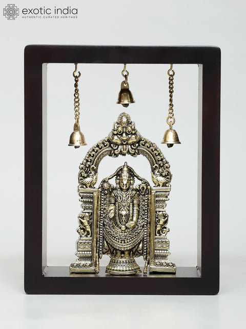 9" Wood Framed Superfine Tirupati Balaji (Venkateshvara) Statue in Brass | Wall Hanging