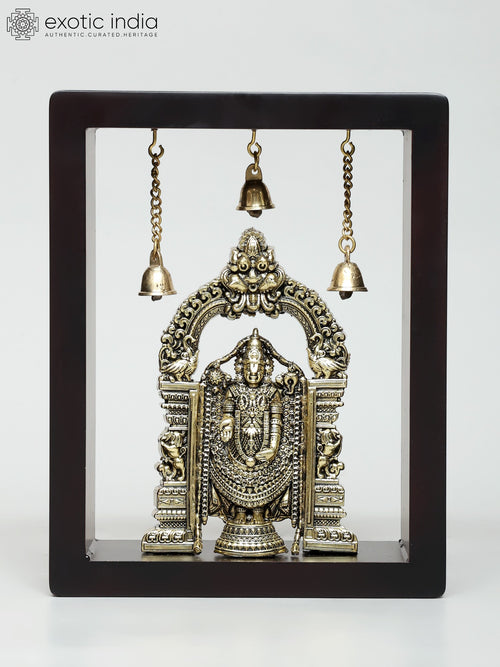 9" Brass Tirupati Balaji Venkateshvara Statue with Wood Frame Wall Hanging