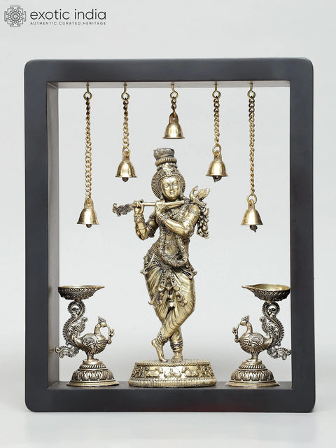 11" Superfine Lord Krishna with Lamps and Bells | Wood Framed Brass Sculpture | Wall Hanging
