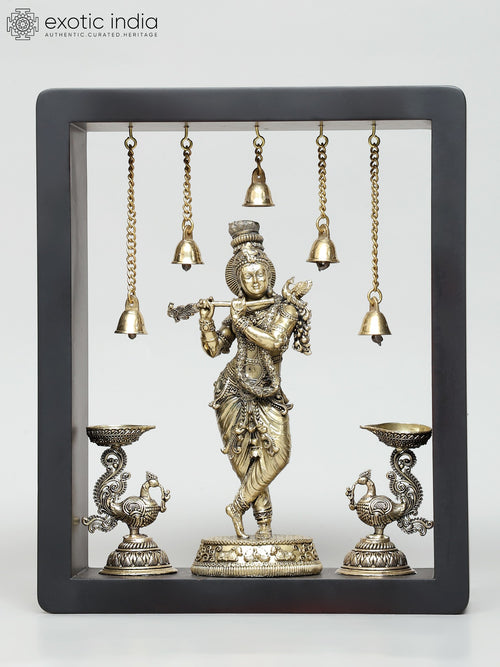 11" Lord Krishna with Lamps and Bells Brass Wall Hanging Sculpture