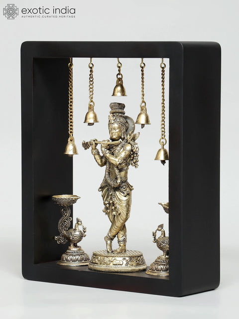 11" Superfine Lord Krishna with Lamps and Bells | Wood Framed Brass Sculpture | Wall Hanging