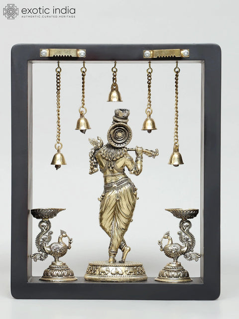11" Superfine Lord Krishna with Lamps and Bells | Wood Framed Brass Sculpture | Wall Hanging