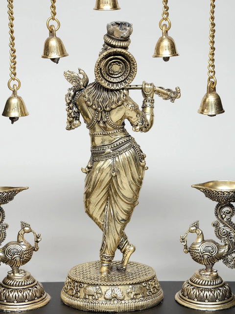 11" Superfine Lord Krishna with Lamps and Bells | Wood Framed Brass Sculpture | Wall Hanging