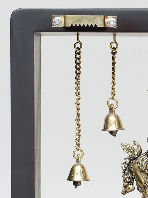 11" Superfine Lord Krishna with Lamps and Bells | Wood Framed Brass Sculpture | Wall Hanging