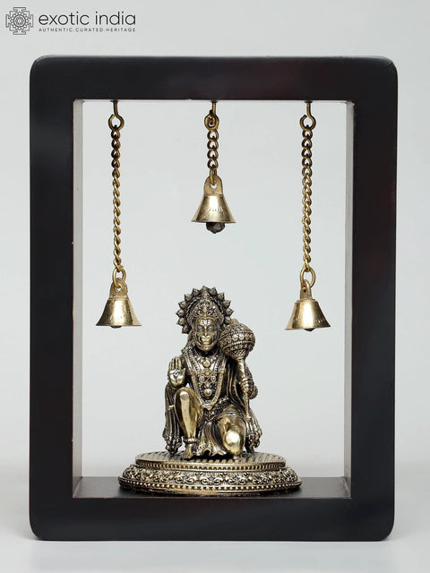 8" Wood Framed Superfine Lord Hanuman in Brass | Wall Hanging