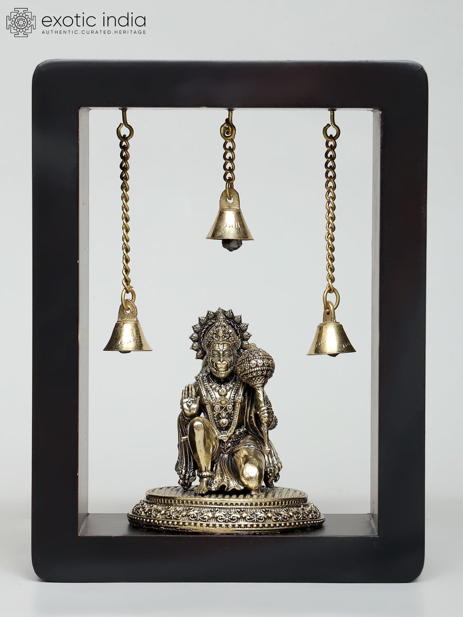 8" Brass Lord Hanuman Wall Hanging with Wood Frame