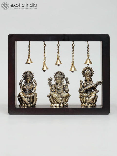 10" Superfine Lakshmi Ganesha Saraswati | Wood Framed Brass Sculptures | Wall Hanging