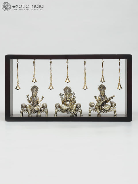17" Wood Framed Superfine Brass Lakshmi Ganesha Saraswati with Dangling Bells | Wall Hanging