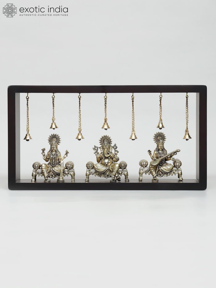 17" Brass Lakshmi Ganesha Saraswati Wall Hanging with Wood Frame