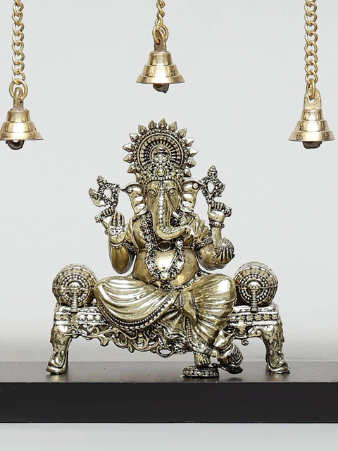 17" Wood Framed Superfine Brass Lakshmi Ganesha Saraswati with Dangling Bells | Wall Hanging