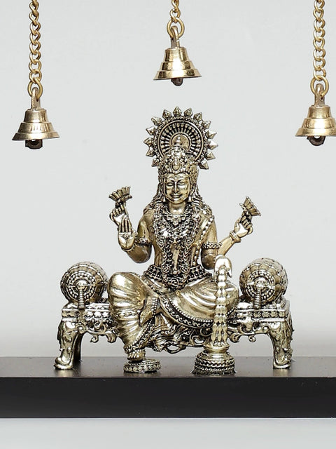 17" Wood Framed Superfine Brass Lakshmi Ganesha Saraswati with Dangling Bells | Wall Hanging