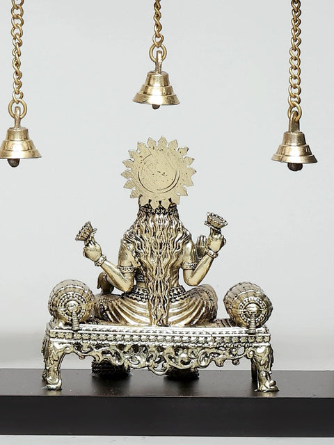 17" Wood Framed Superfine Brass Lakshmi Ganesha Saraswati with Dangling Bells | Wall Hanging