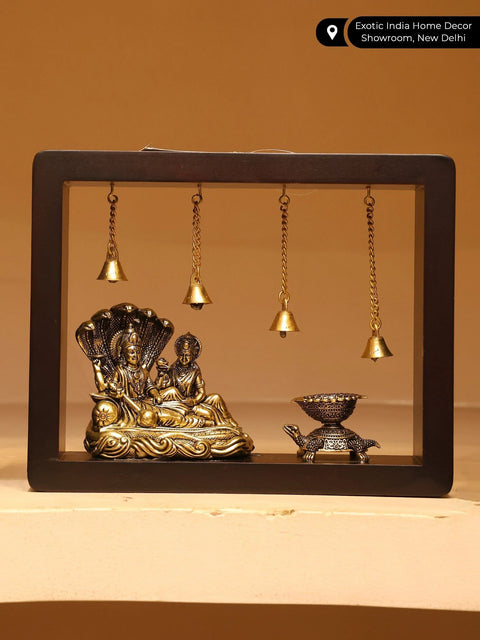 10" Superfine Lakshmi - Narayan Seated on Sheshnag with Tortoise Diya | Wood Framed Brass Sculpture | Wall Hanging