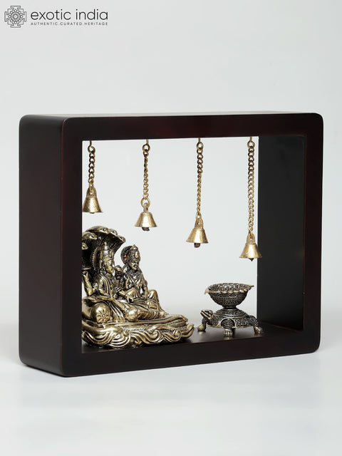 10" Superfine Lakshmi - Narayan Seated on Sheshnag with Tortoise Diya | Wood Framed Brass Sculpture | Wall Hanging