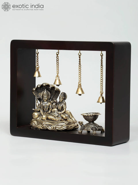 10" Superfine Lakshmi - Narayan Seated on Sheshnag with Tortoise Diya | Wood Framed Brass Sculpture | Wall Hanging