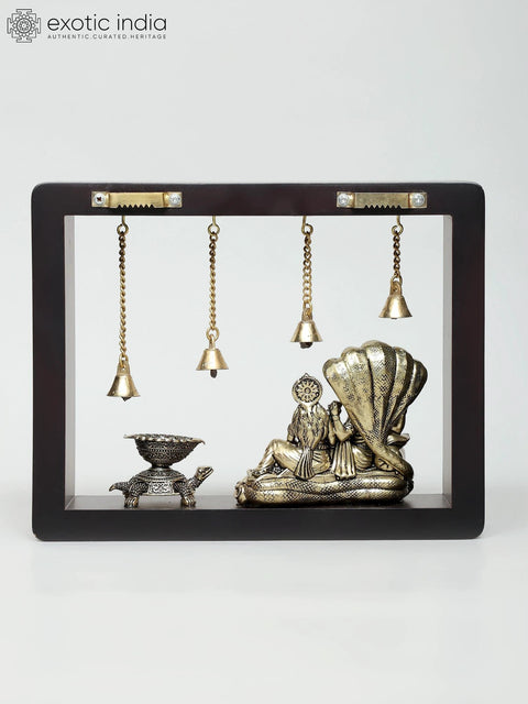 10" Superfine Lakshmi - Narayan Seated on Sheshnag with Tortoise Diya | Wood Framed Brass Sculpture | Wall Hanging