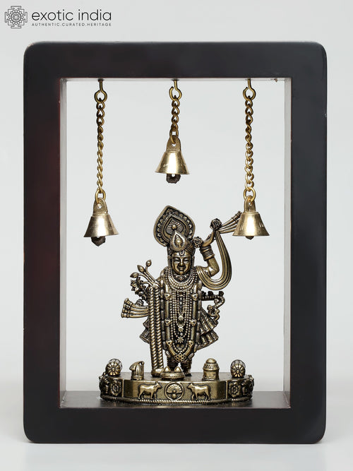 8" Brass Shrinath Ji Wall Hanging Statue with Wood Frame