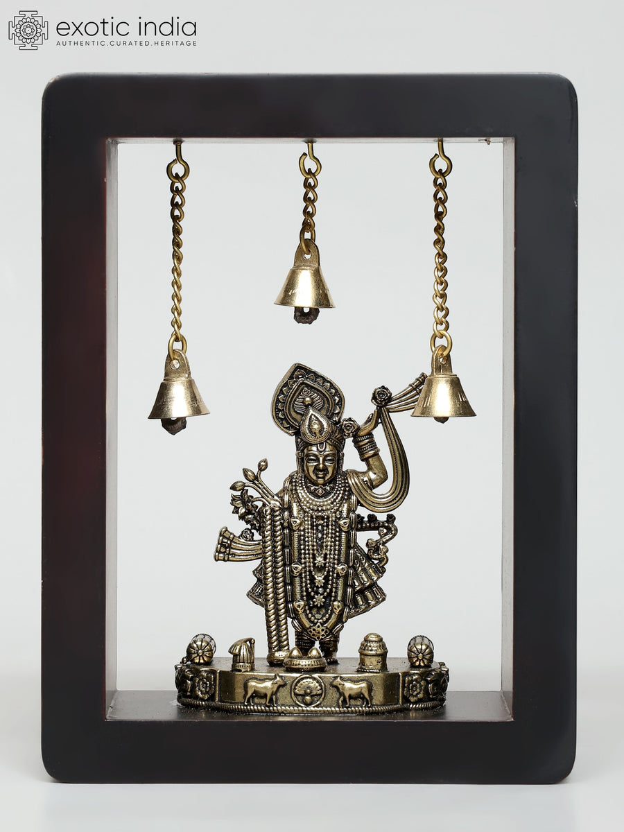 8" Brass Shrinath Ji Wall Hanging Statue with Wood Frame