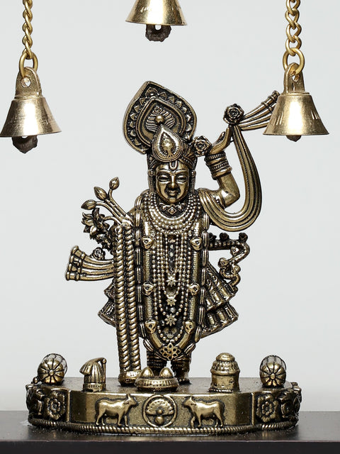 8" Wood Framed Superfine Shrinath Ji Statue in Brass | Wall Hanging