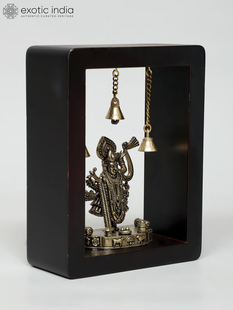 8" Wood Framed Superfine Shrinath Ji Statue in Brass | Wall Hanging