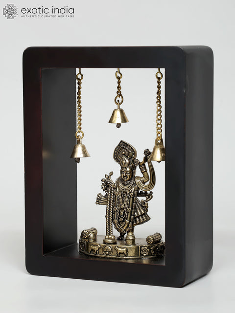 8" Wood Framed Superfine Shrinath Ji Statue in Brass | Wall Hanging