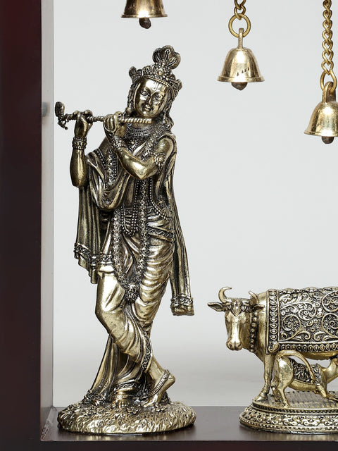 9" Superfine Fluting Lord Krishna with Cow and Calf | Wood Framed Brass Sculptures | Wall Hanging