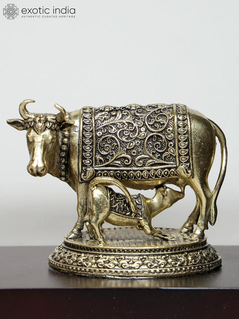 9" Superfine Fluting Lord Krishna with Cow and Calf | Wood Framed Brass Sculptures | Wall Hanging