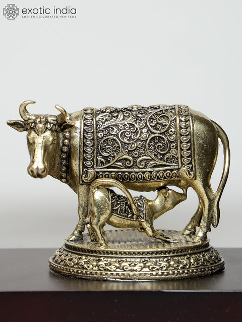 9" Superfine Fluting Lord Krishna with Cow and Calf | Wood Framed Brass Sculptures | Wall Hanging