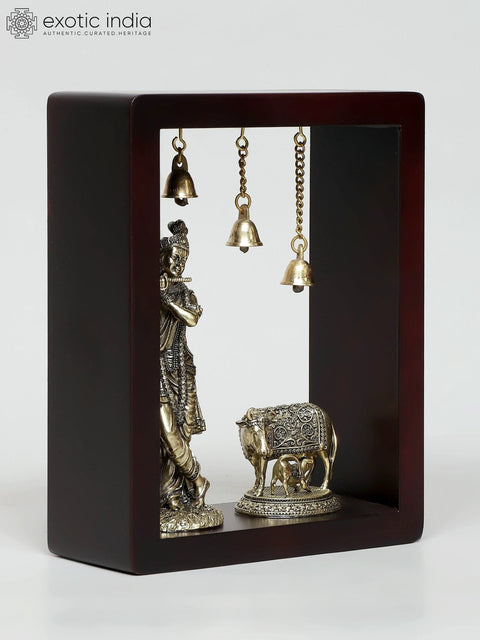 9" Superfine Fluting Lord Krishna with Cow and Calf | Wood Framed Brass Sculptures | Wall Hanging