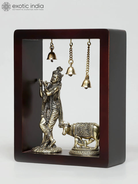 9" Superfine Fluting Lord Krishna with Cow and Calf | Wood Framed Brass Sculptures | Wall Hanging