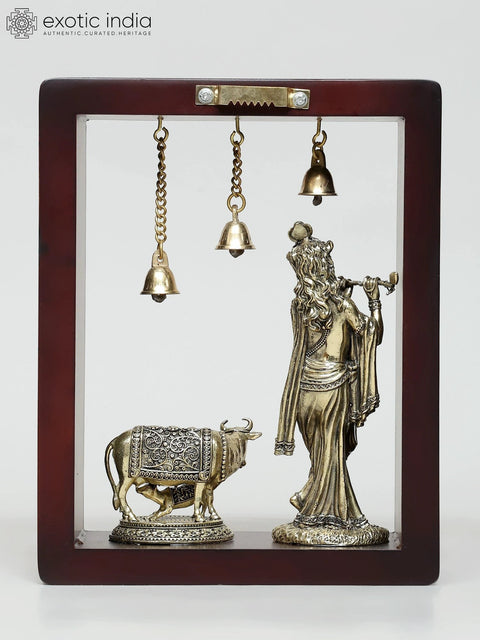 9" Superfine Fluting Lord Krishna with Cow and Calf | Wood Framed Brass Sculptures | Wall Hanging