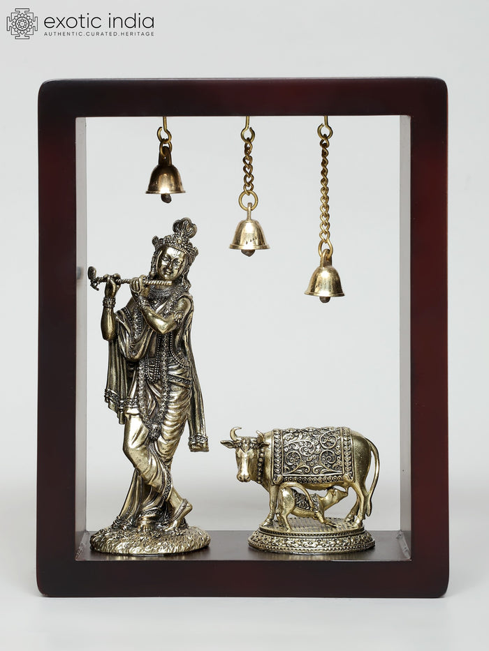 9" Superfine Fluting Krishna with Cow and Calf Wood Framed Brass Wall Hanging