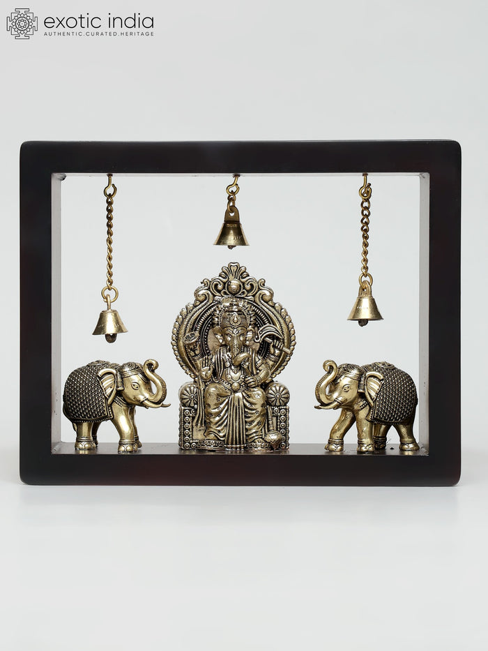 9" Superfine Vighnaharta Ganesha Brass Wall Hanging Sculpture with Elephants