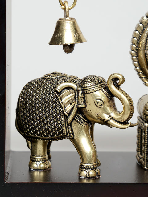 9" Superfine Vighnaharta Ganesha with Elephants | Wood Framed Brass Sculpture | Wall Hanging