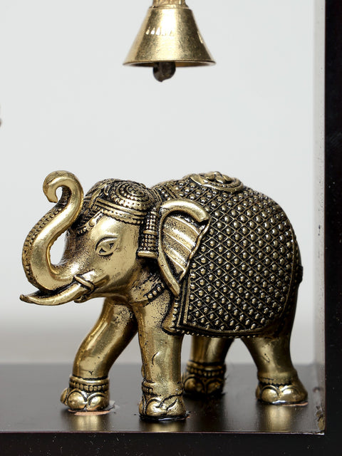 9" Superfine Vighnaharta Ganesha with Elephants | Wood Framed Brass Sculpture | Wall Hanging