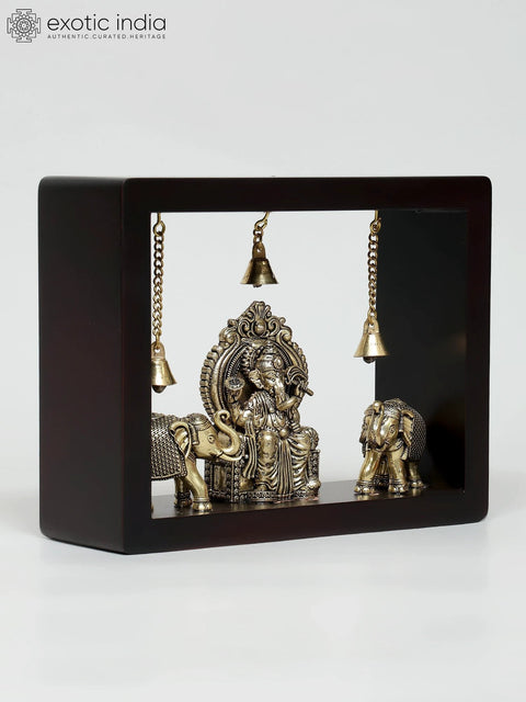 9" Superfine Vighnaharta Ganesha with Elephants | Wood Framed Brass Sculpture | Wall Hanging